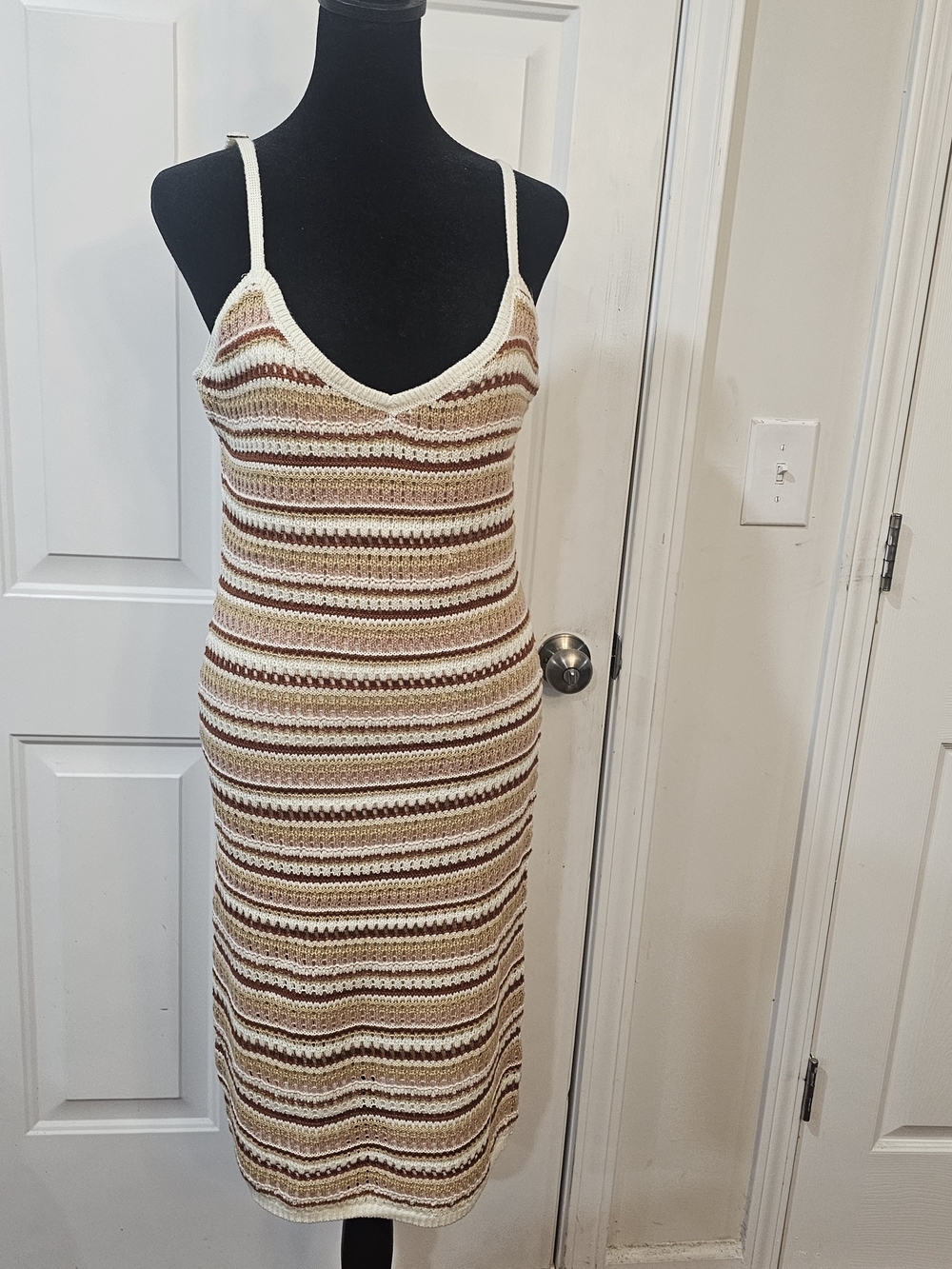 Olive & Oak Striped Crochet Midi Dress in Cream and Brown Tones Size Large {Bx19
